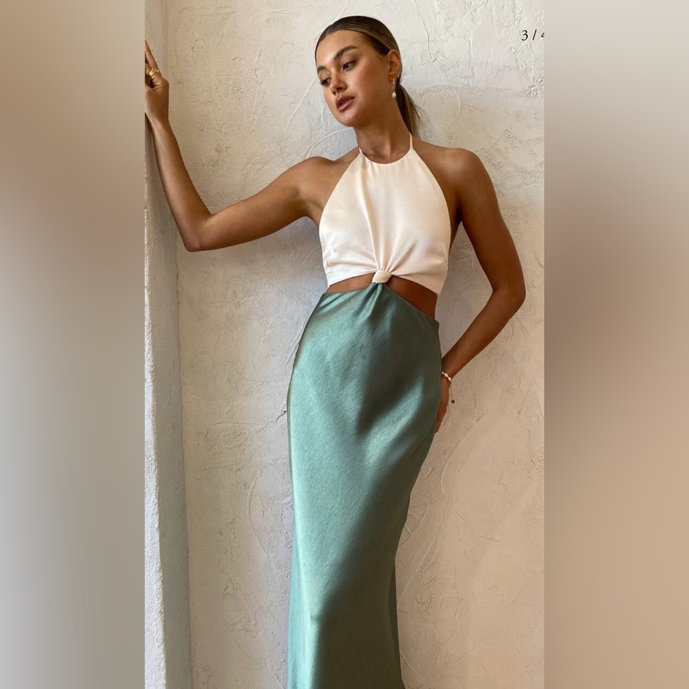 Bec & Bridge Two-toned formal dress, Ivory Halter Top with Sage Green Maxi Skirt